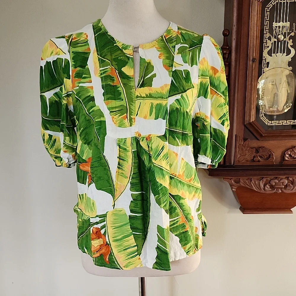 Cynthia Rowley Tropical Print Linen Blend Blouse M - Picture 1 of 11